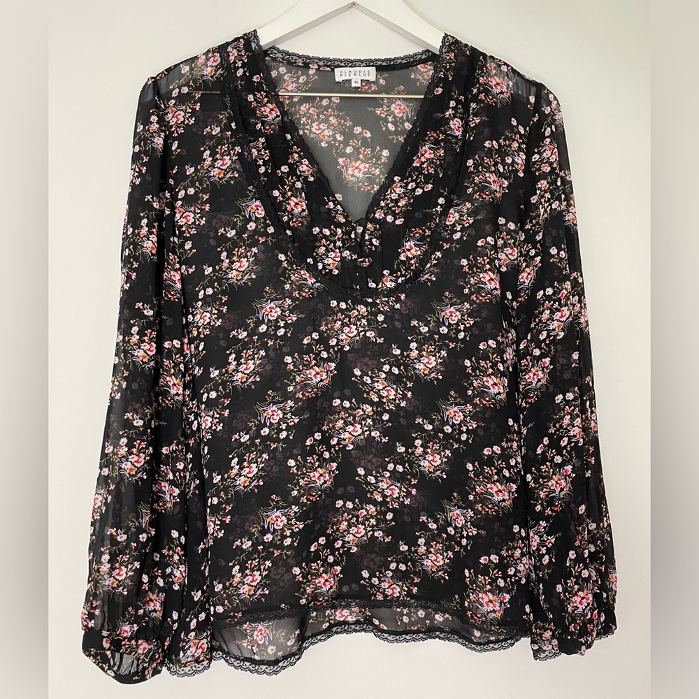 Claudie Pierlot V Neck Long Sleeve Sheer Blouse Black Floral Size 40/US 8